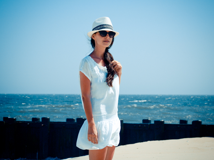 bittersweet colours, ocean, beach day outfit, beach look, white dress, summer dress, fedora hat, 