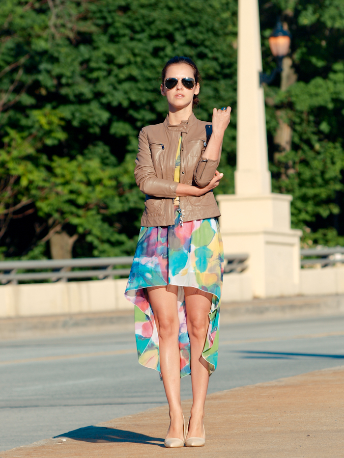 bittersweet colours,Street style, summer fashion, mini dress, ray ban sunglasses, floral dress, leather jacket,