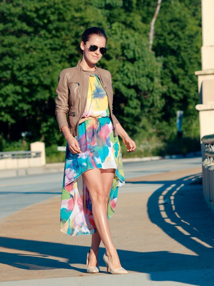 bittersweet colours,Street style, summer fashion, mini dress, ray ban sunglasses, floral dress, leather jacket,