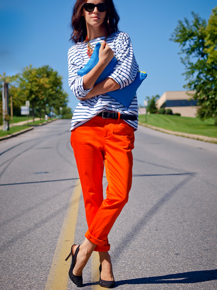bittersweet colours, street style,  color, american apparel clutch, stripes print, orange pants,