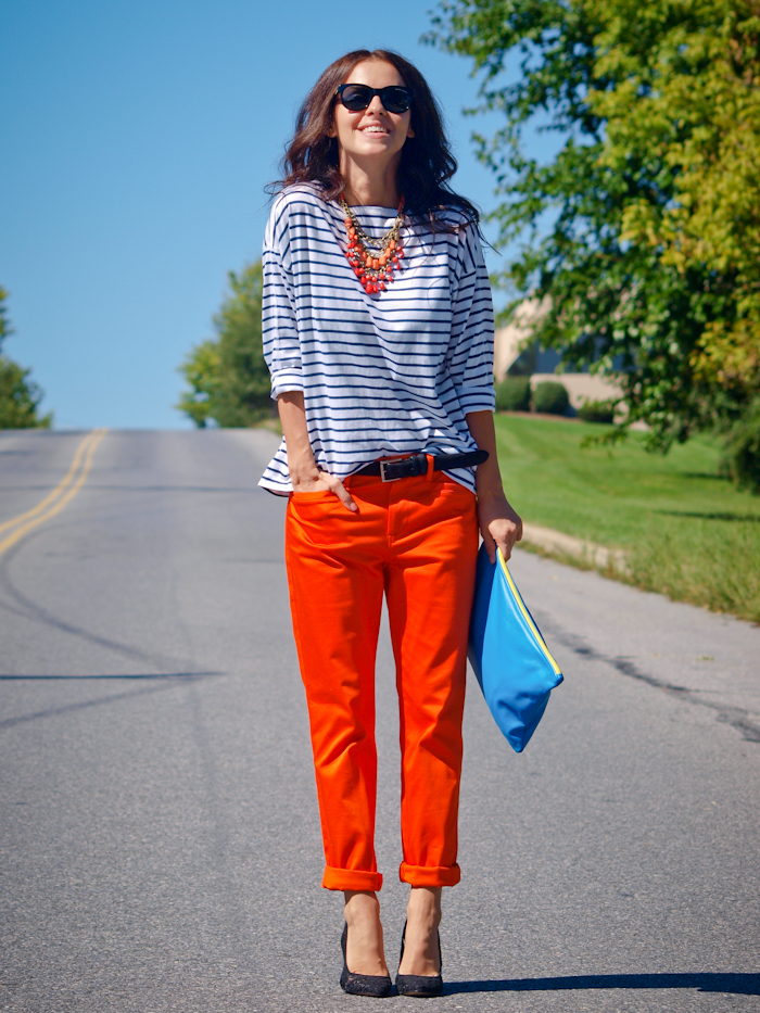 bittersweet colours, street style,  color, american apparel clutch, stripes print, orange pants,