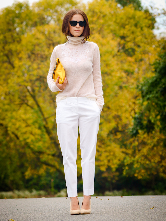 fall colours, white on white, sweater weather, j.crew pants, street style, bittersweet colours, 
