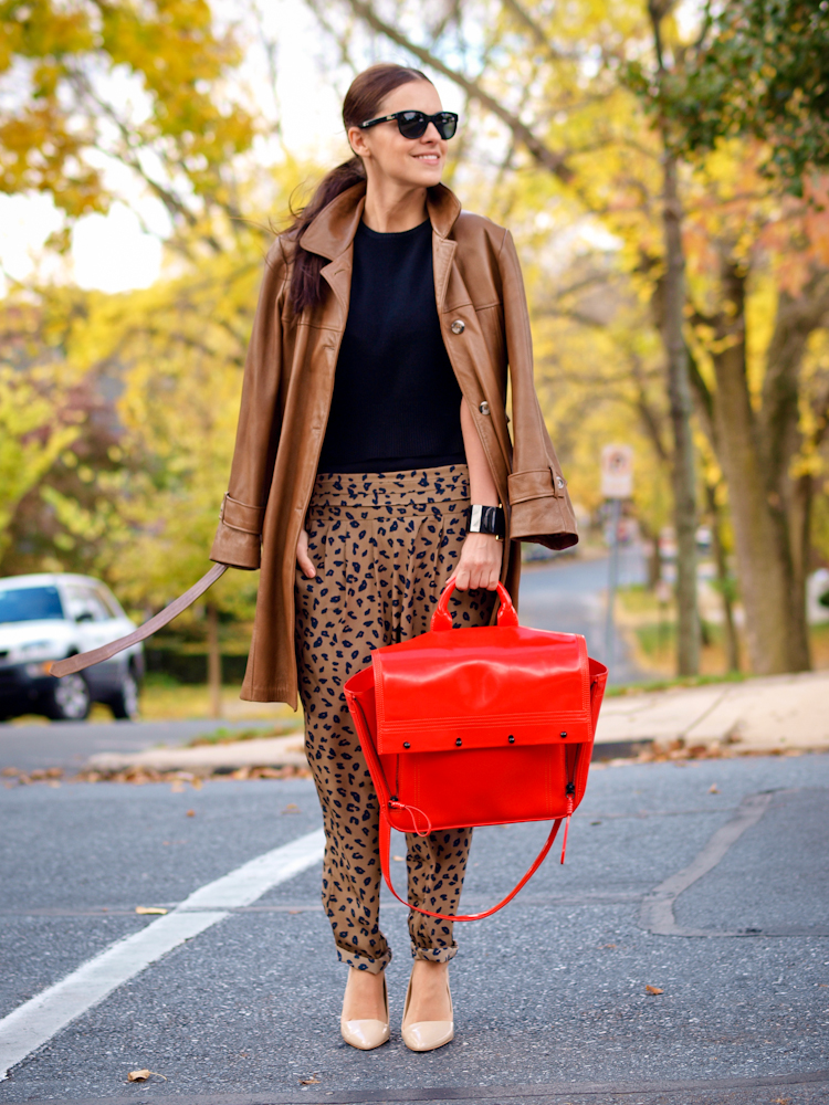 bittersweet colours, leopard print pants, 3.1 phillip lim bag, red bag, leather trench coat, fall street style, street style,