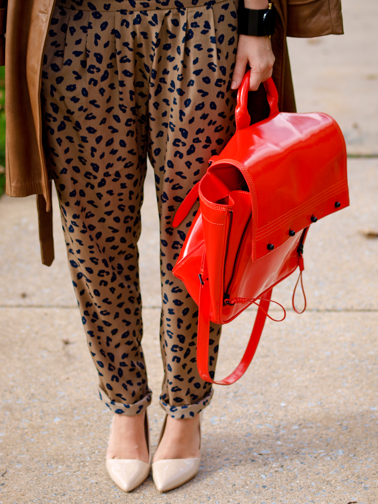 bittersweet colours, leopard print pants, 3.1 phillip lim bag, red bag, leather trench coat, fall street style, street style,