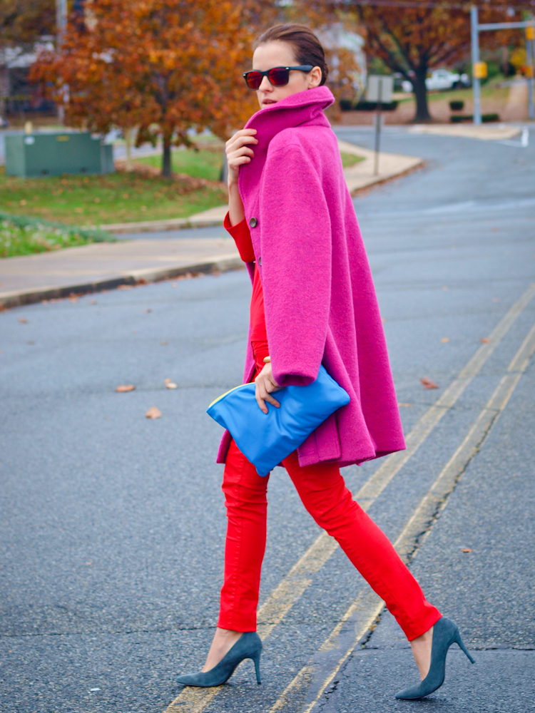 bittersweet colours, fall street style, street style, fall trends, pink coat, colours , red pants, colorful coats,