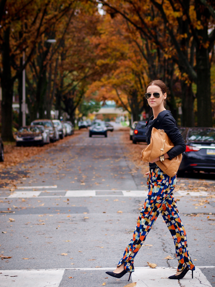 bittersweet colours, fall street style, street style, fall trends, leather jacket, ray ban, printed pants,