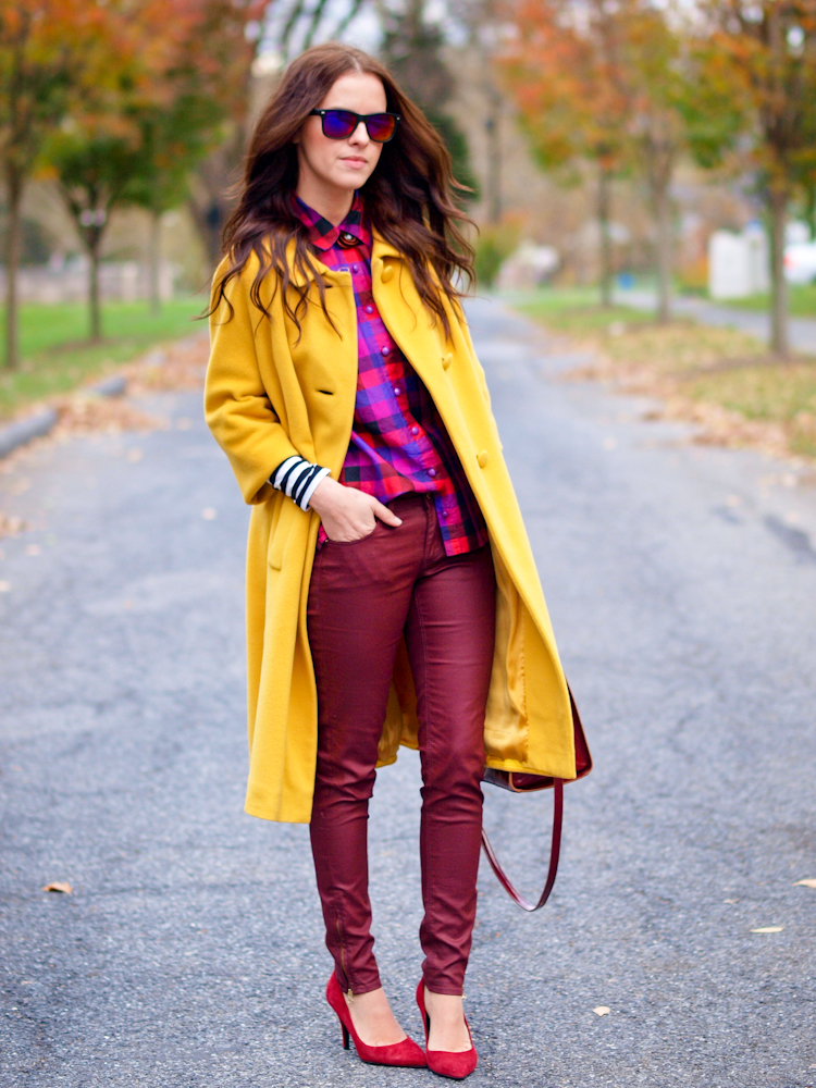 bittersweet colours, yellow coat, colorful coats, fall street style, street style, burgundy color,