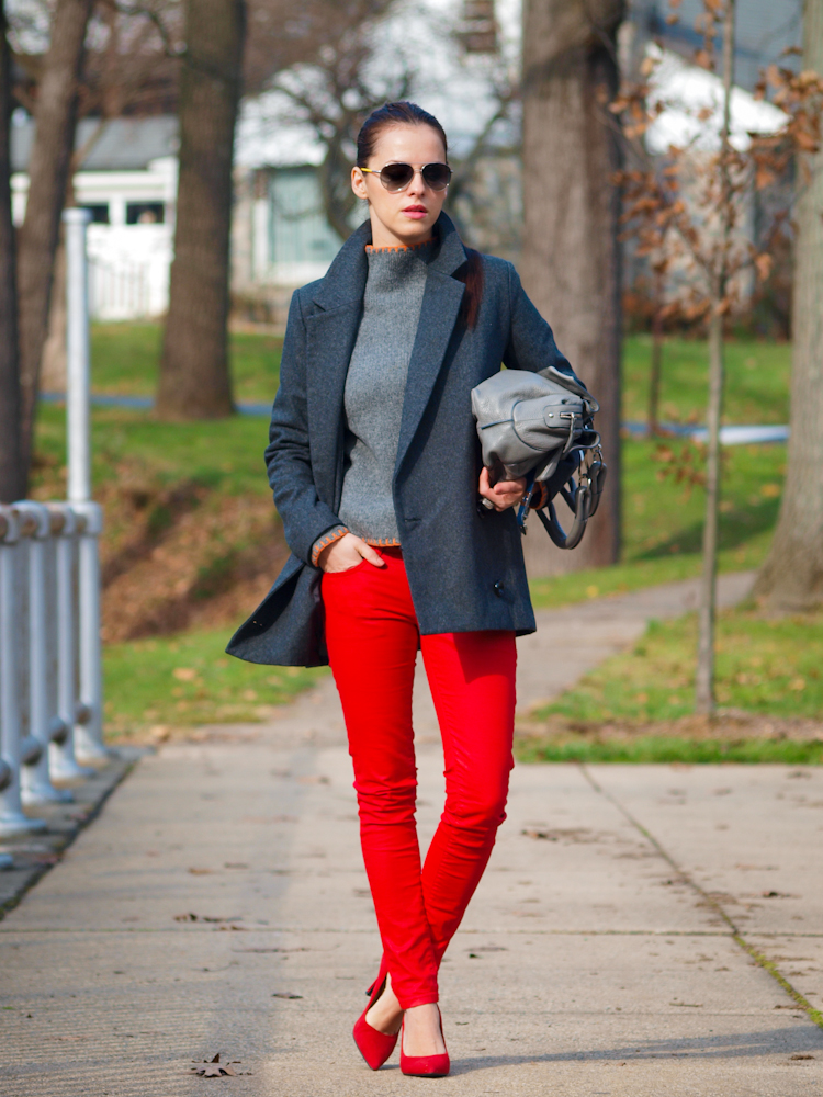 bittersweet colours, colorful coats, street style, red jeans, red shoes, fall/ winter trends, costume national bag, prada sunglasses, 