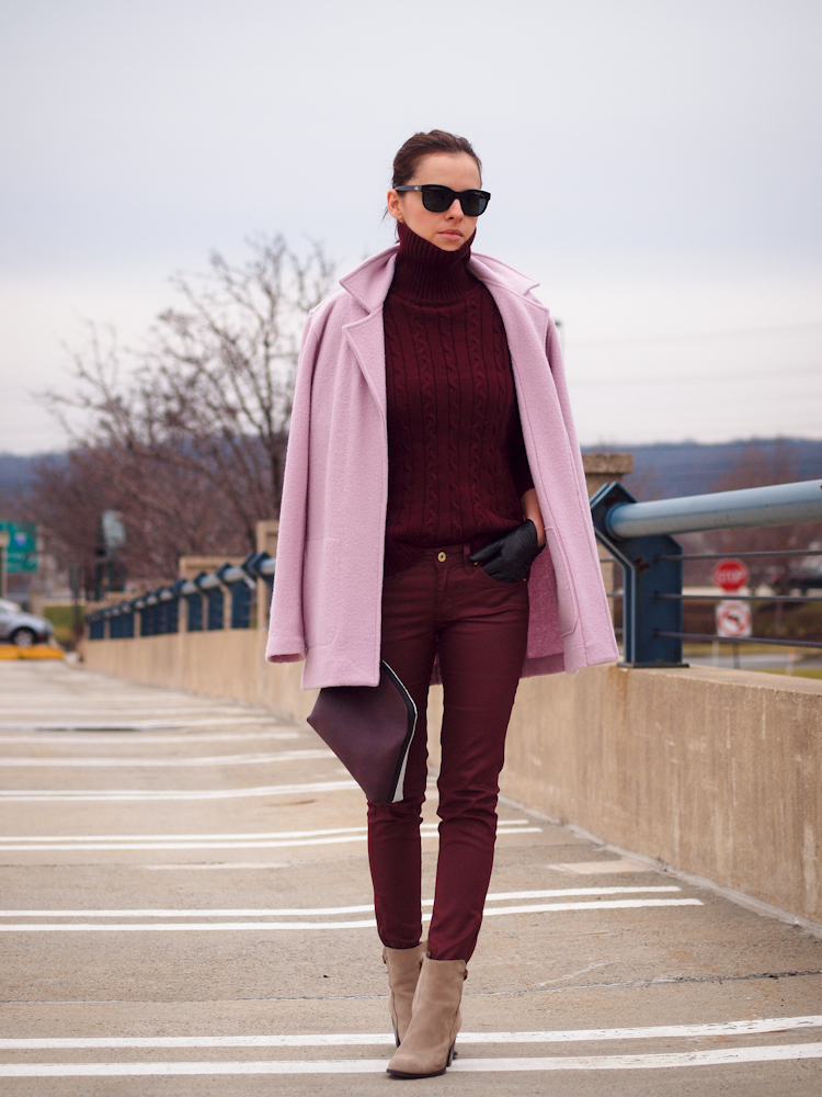 bittersweet colours, pink- bordeaux colors, fall coats, fall trends, pink coat, burgundy coat, 3.1 phillip lim bag, street style, zara boots, turtleneck, nude boots