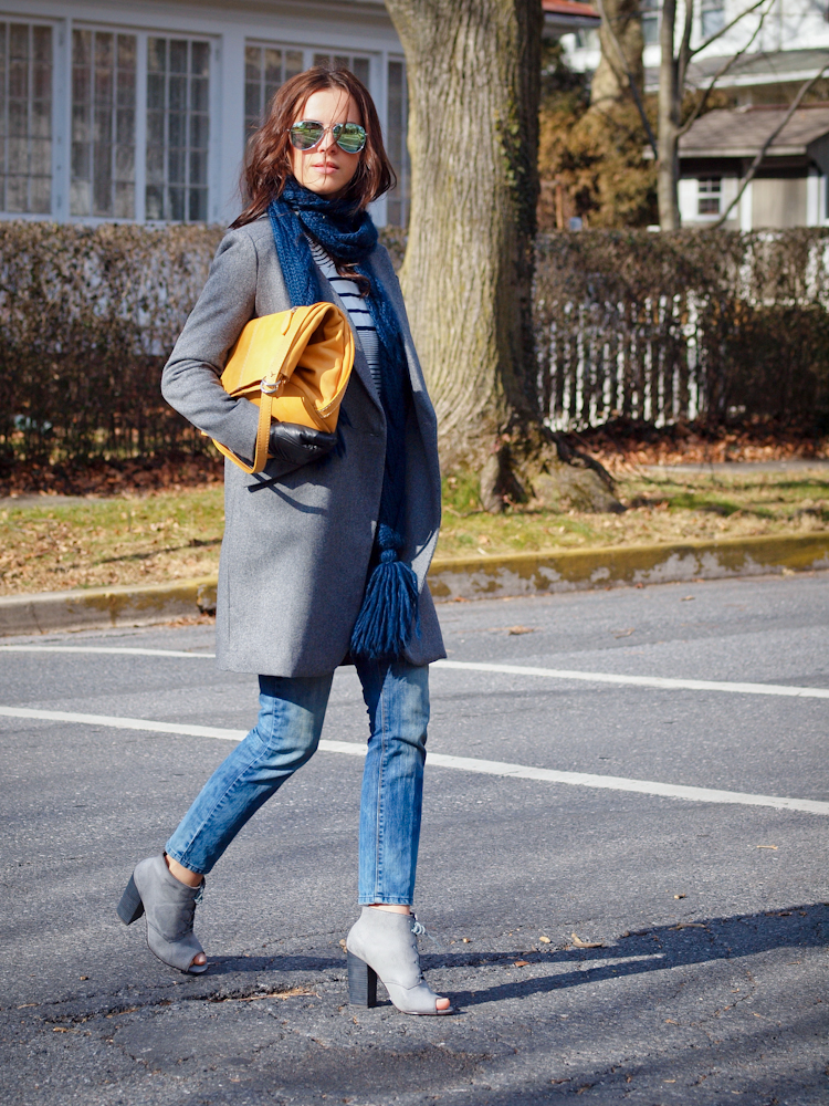 bittersweet colours, grey coat, street style, fall coats, blue jeans, mirrored sunglasses, casual loook, 