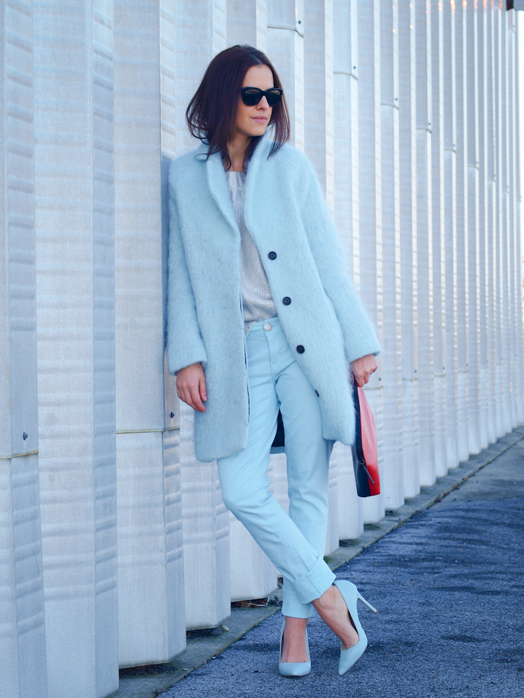 bittersweet colours, baby blue coat, pastels, pastels trend, 3.1 phillip lim bag, street style, white coat winter, colorful coats, monochrome look, winter street style,