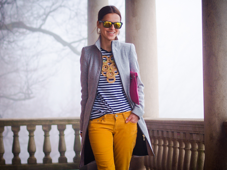 bittersweet colours, yellow pants, stripes, DIY necklace, grey coat, street style, fall coats, fall trends,