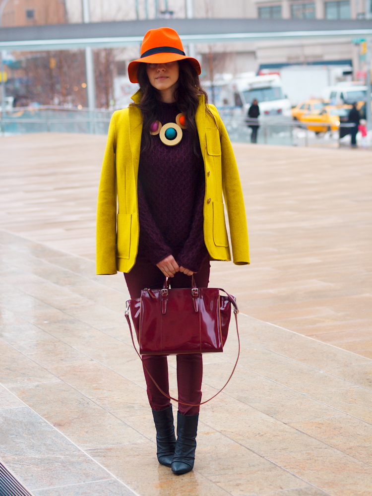 bittersweet colours, lincoln Center nyfw, nyfw, street style, diy jewelry, colorful coats, yellow coat, burgundy trend, fall colors, 