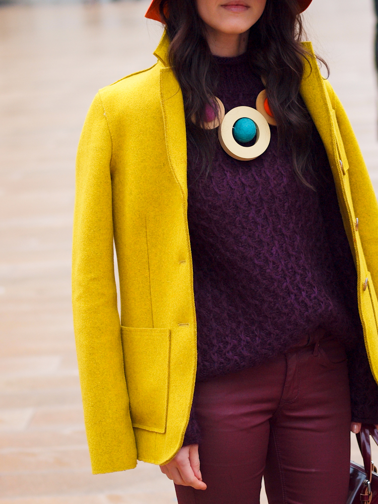 bittersweet colours, lincoln Center nyfw, nyfw, street style, diy jewelry, colorful coats, yellow coat, burgundy trend, fall colors, 