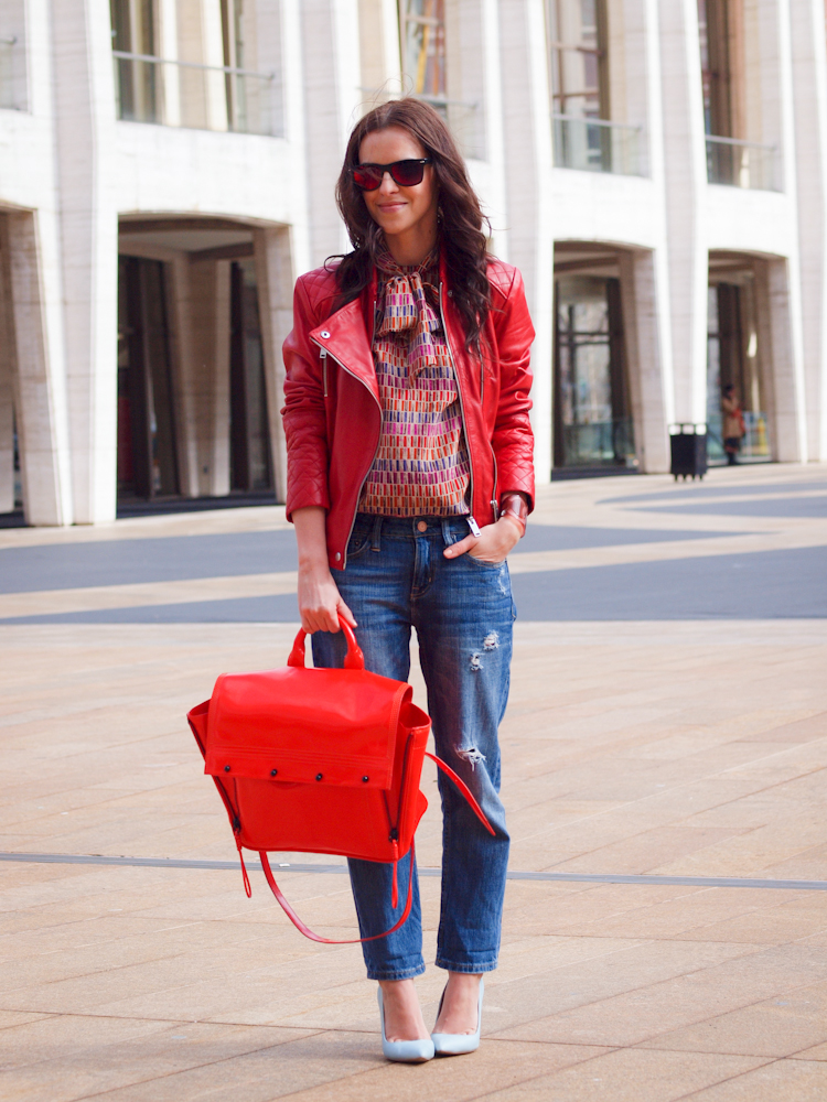 bittersweet colours, nyfw, street style, red leather jacket, Dior blouse, boyfriend jeans, 3.1 Phillip Lim bag, leather jacket