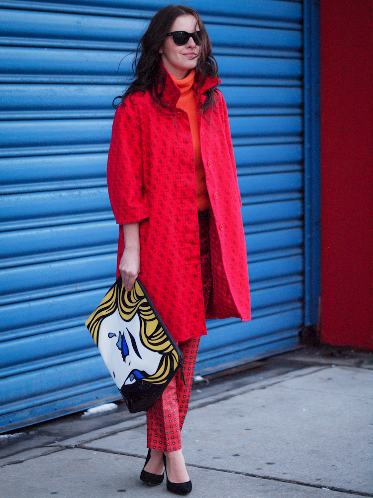 bittersweet colours, street style, nyfw, nyfw street style, 3.1 phillip lim bag, j.crew pants, colorful coats, red coat, prints, fall trends, 