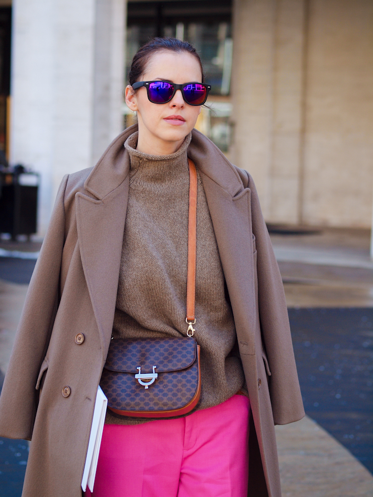 bittersweet colours, lincoln Center nyfw, nyfw, street style, celine vintage bag, colorful coats, camel coat, pink pants, j.crew pants, Delpozo collection, 