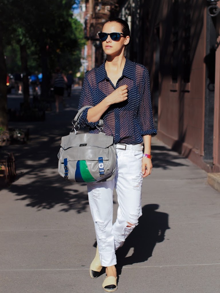 chanel espadrilles 2013, chanel, shoes chanel flats, Costume National bag, polka dots, ripped jeans, boyfriend jeans, mirrored sunglasses, new york, street style