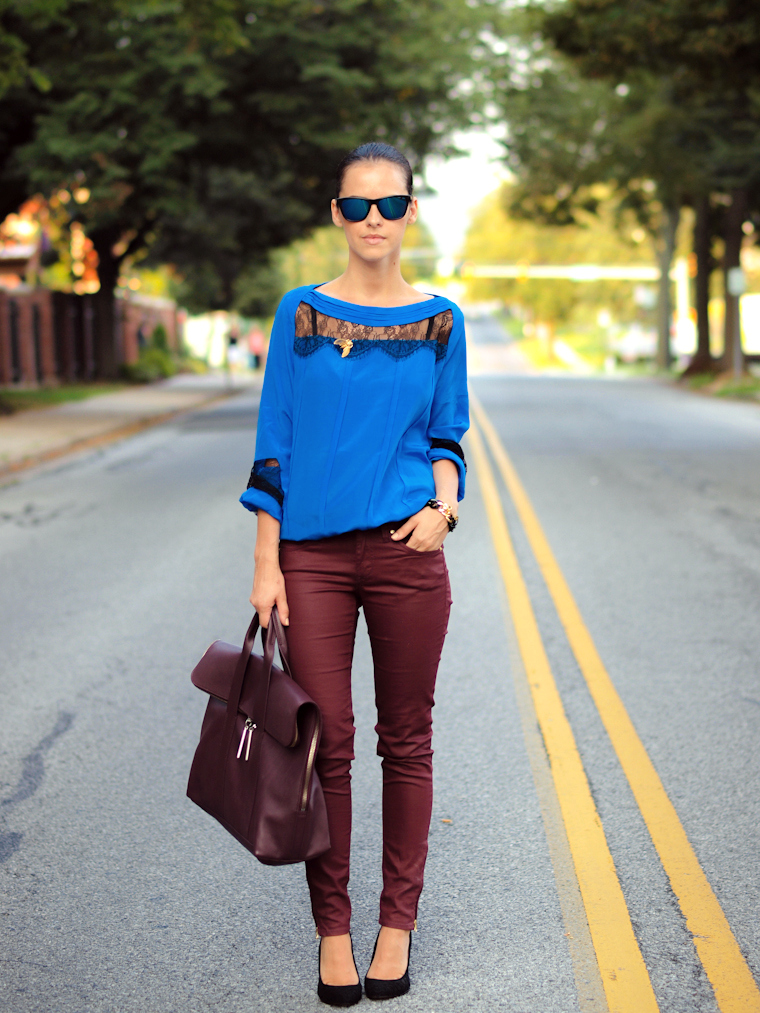 bittersweet colours, Fall trends, fall colors, 3.1 Phillip Lim, Aryn K, Zara, lace heels, lace trend, mirrored sunglasses, street style, burgundy color, blue-burgundy combination,