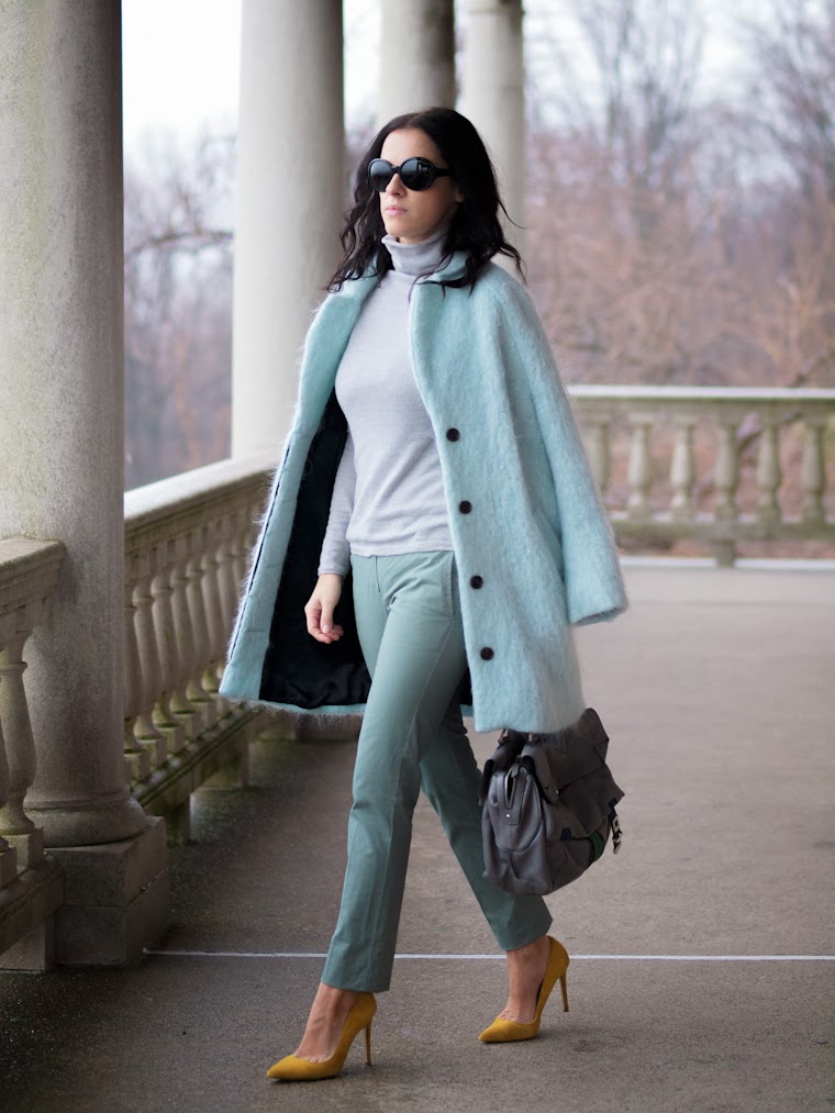 bittersweet colours, blue, Costume National, fuzzy coat, HM, kate spade, Mango, pastel trends, pastels, street style, Tres Jewellery, winter trends, winter pastels