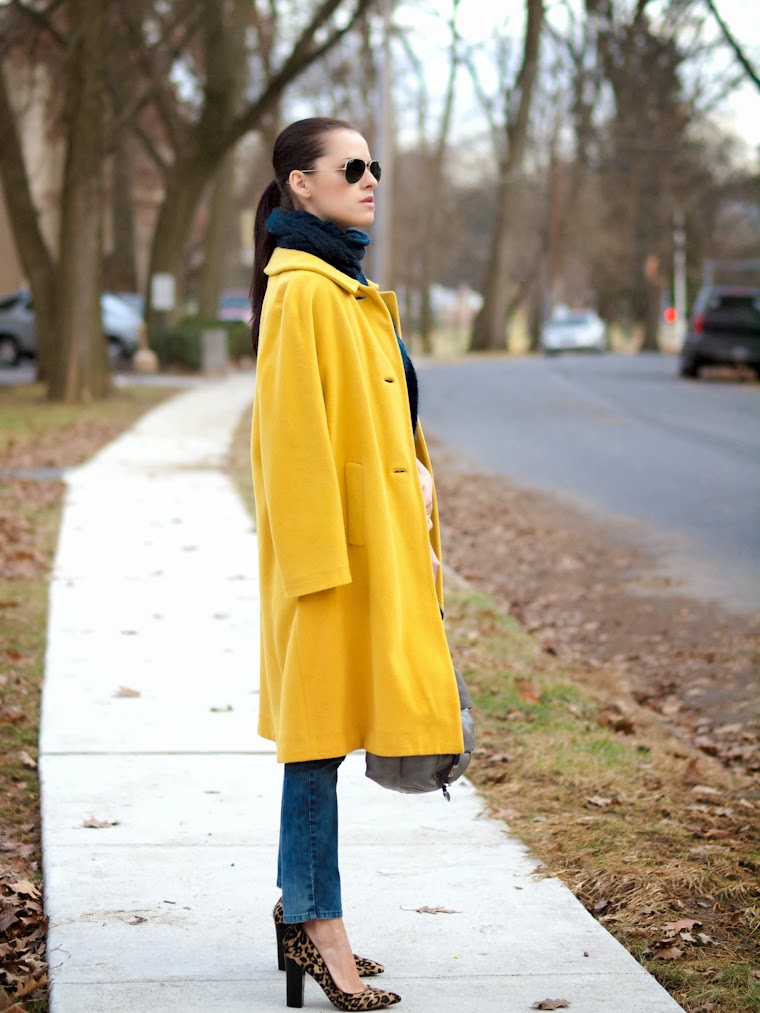 bittersweet colours, colorful coats, Costume National, jeans trend, leopard print, RAY BAN, street style, stripes, winter trends, yellow coat, hurley, animal print trend,