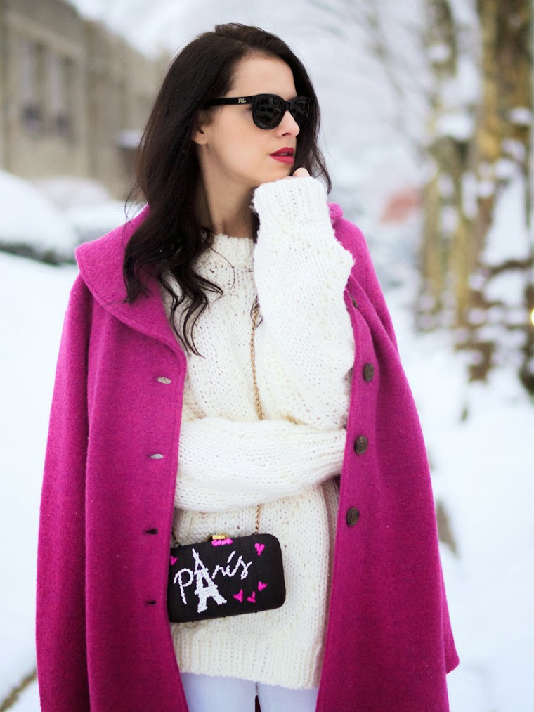 bittersweet colours, winter trends, Pink coat, PINK TREND, white on white, street style, Mango, vintage, Kayu bag, fuchsia color,