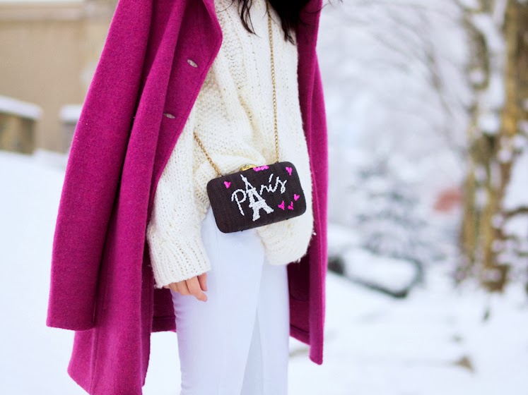 bittersweet colours, winter trends, Pink coat, PINK TREND, white on white, street style, Mango, vintage, Kayu bag, fuchsia color,