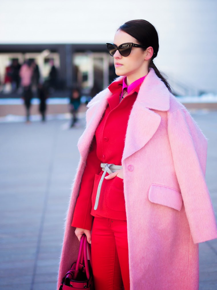 ASOS, bittersweet colours, Christian Dior, colorful coats, eye cat sunglasses, fuzzy coat, Lincoln Center NYFW, Mango, New York, NYFW, nyfw F/W 2014, nyfw street style, Pink coat, RED, Reed Krakoff, vintage,