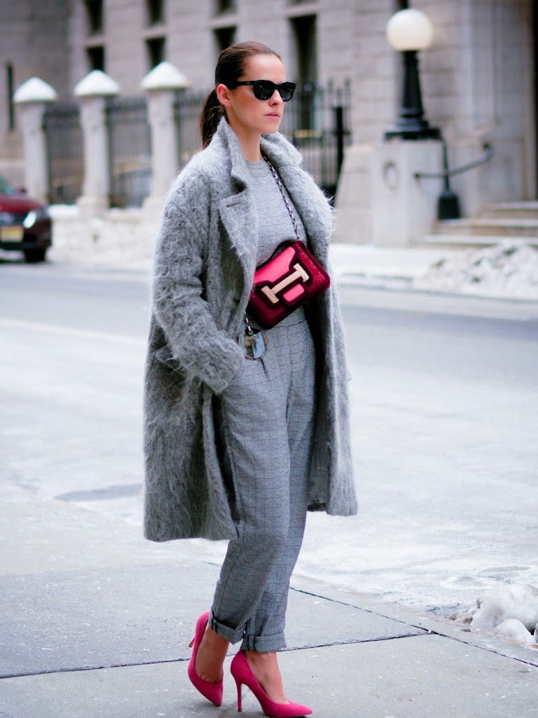 ASOS, bittersweet colours, cooee, fuzzy coat, grey coat, JUMPSUIT, Lincoln Center NYFW, New York, nyfw F/W 2014, nyfw street style, pierre hardy, PINK TREND, street style, Topshop,