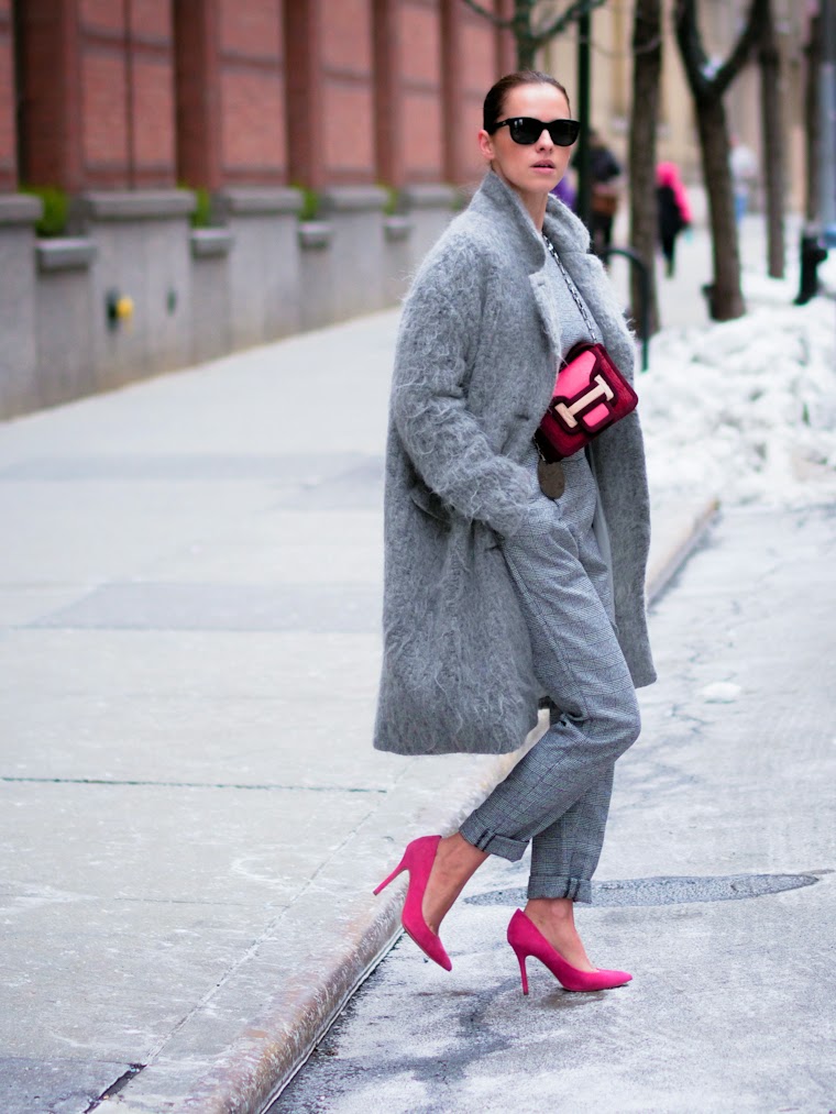 ASOS, bittersweet colours, cooee, fuzzy coat, grey coat, JUMPSUIT, Lincoln Center NYFW, New York, nyfw F/W 2014, nyfw street style, pierre hardy, PINK TREND, street style, Topshop,