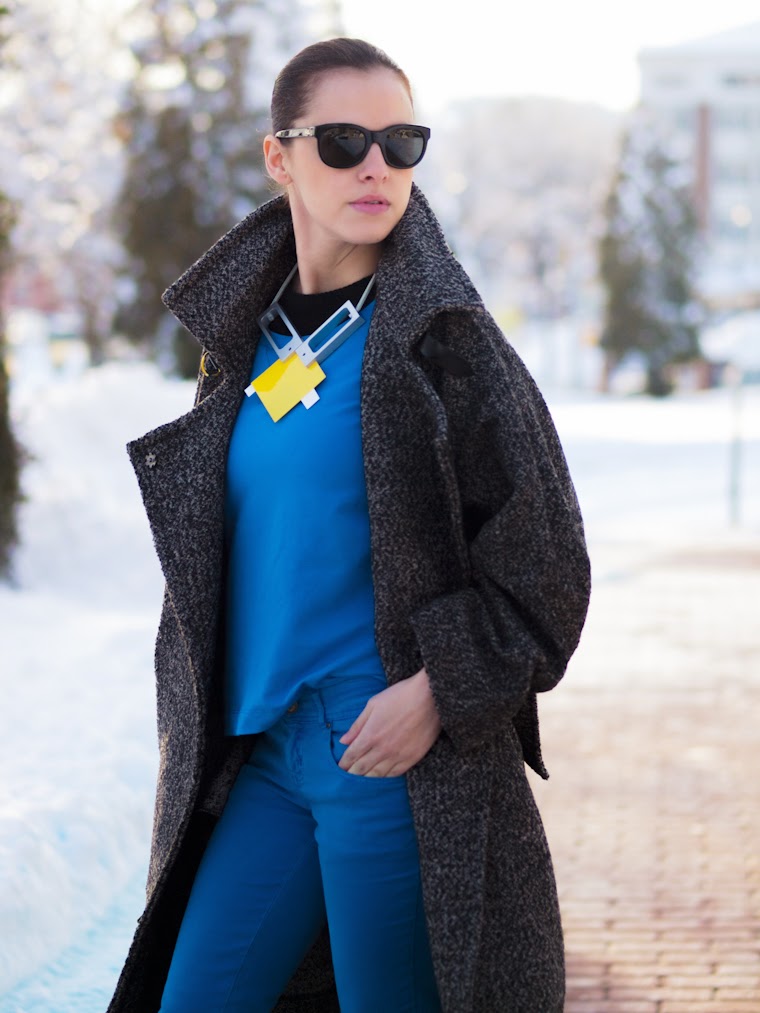 bittersweet colours, blue, DIY necklace, grey coat, Mango, oversized coats, Proenza Schouler, street style, winter trends, Zara, cocoon coat