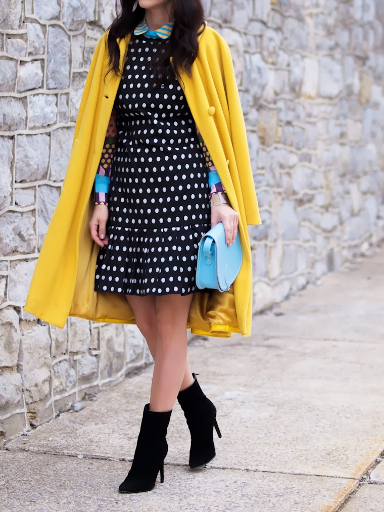 bittersweet colours, colorful coats, yellow coat, Christian Dior, Mango, cooee jewelry, Zatchels, polka dots, street style, winter trends, prints, COLORS,