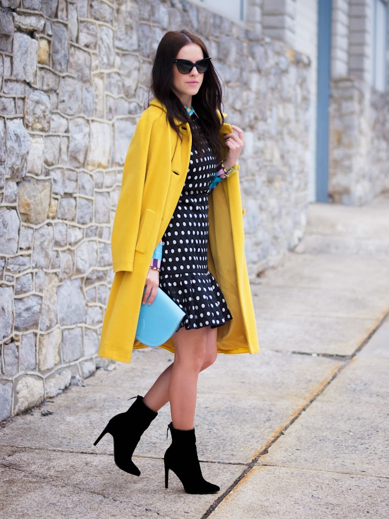 bittersweet colours, colorful coats, yellow coat, Christian Dior, Mango, cooee jewelry, Zatchels, polka dots, street style, winter trends, prints, COLORS,