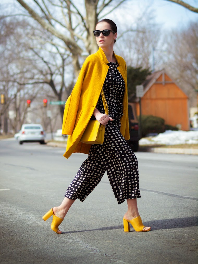 bittersweet colours, colorful coats, culottes, Joe fresh, JUMPSUIT, mules, Spring trends, street style, yellow, yellow coat, floral prints, 
