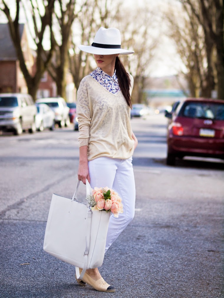 bittersweet colours, CHANEL, Chanel espadrilles, fedora hat, Joe fresh, prints, Spring, street style, weekend look, white jeans, nude trend, white trend, casual look,
