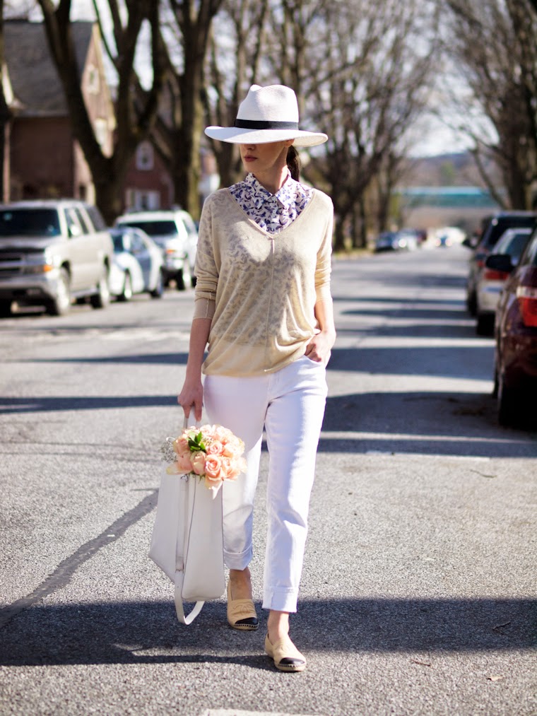 bittersweet colours, CHANEL, Chanel espadrilles, fedora hat, Joe fresh, prints, Spring, street style, weekend look, white jeans, nude trend, white trend, casual look,