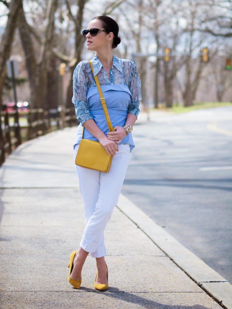 2 shirts in one look, Betsey Johnson, bittersweet colours, Joe fresh, Shoemint, snakeskin print, Spring, street style, white jeans, yellow, baby blue, SHIRT ON SHIRT, take two,