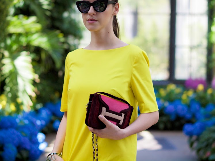 bittersweet colours, color blocking, piol dress neon yellow, Shoemint shoes, ASOS, mirrored sunglasses, eye cat sunglasses, cooee jewelry, Hermes, pierre hardy, pink, Spring, garden, 