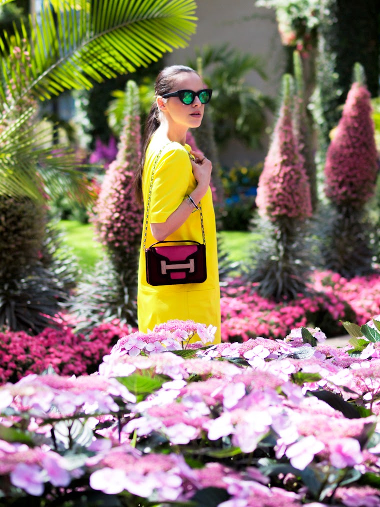 bittersweet colours, color blocking, piol dress neon yellow, Shoemint shoes, ASOS, mirrored sunglasses, eye cat sunglasses, cooee jewelry, Hermes, pierre hardy, pink, Spring, garden, 