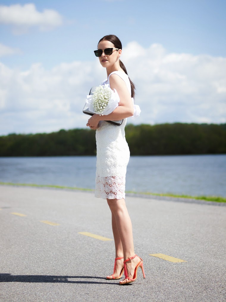 3.1 Phillip Lim, BB Dakota, bittersweet colours, coral sandals, crochet  dress,lovers and Friends, Lulu's, Quay Australia sunglasses, Spring, street style, white and white, Memorial day