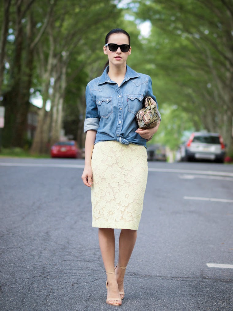 bittersweet colours, brocade clutch, denim shirt, dorothy perkins, lace skirt, lace trend, Levis, nude sandals, pastels colors, Spring, street style, vintage clutch, zara sandals, lace and denim