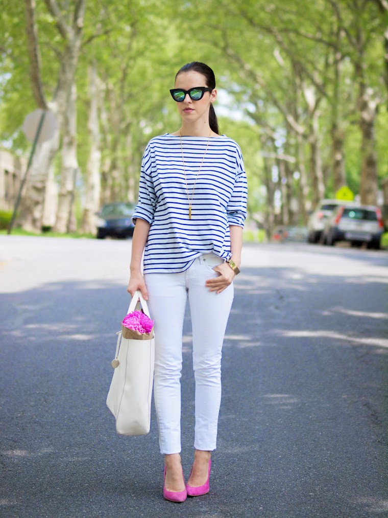 asos sunglasses, bittersweet colours, mango jeans, mirrored sunglasses, pink shoes, so pretty cara cotter jewelry, Spring, street style, stripes, Topshop shoes, white jeans, flowers,