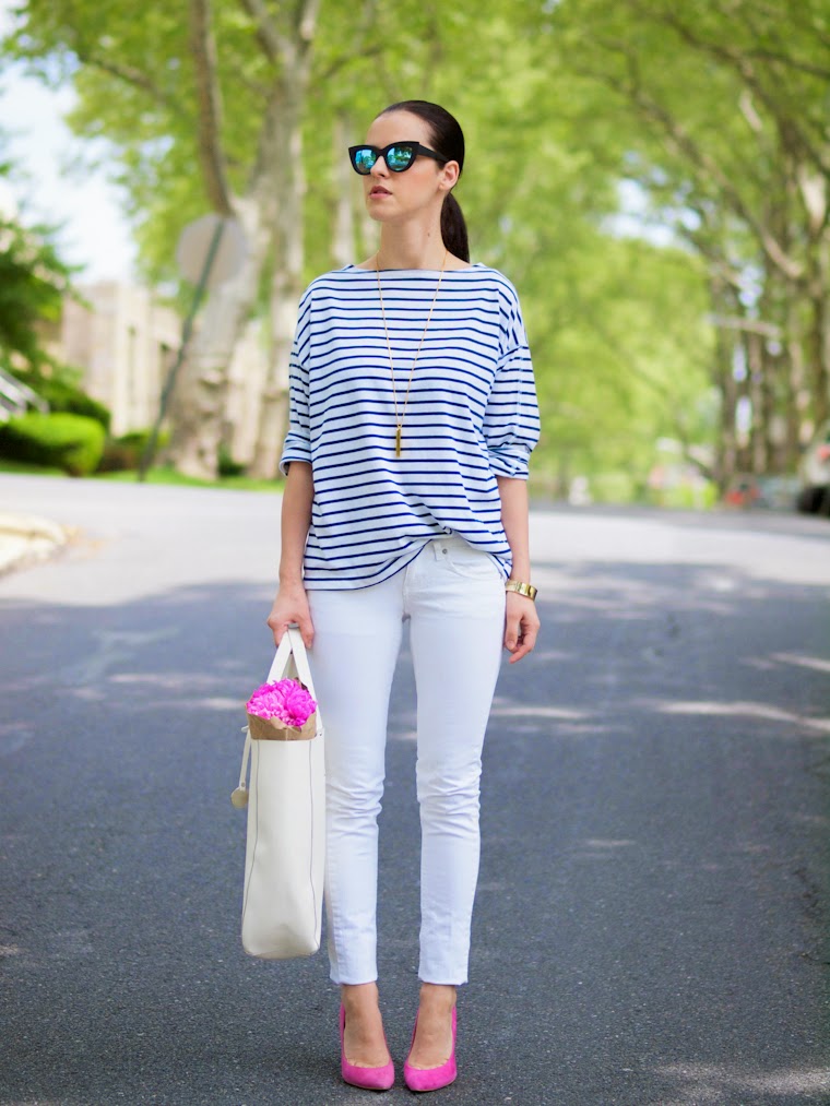 asos sunglasses, bittersweet colours, mango jeans, mirrored sunglasses, pink shoes, so pretty cara cotter jewelry, Spring, street style, stripes, Topshop shoes, white jeans, flowers,