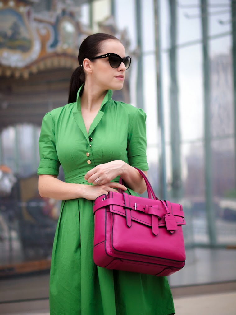 bittersweet colours, Christian Dior sunglasses, green dress, J Crew shoes, jane's carousel, New York, PINK bag, printed shoes, Reed Krakoff, street style,