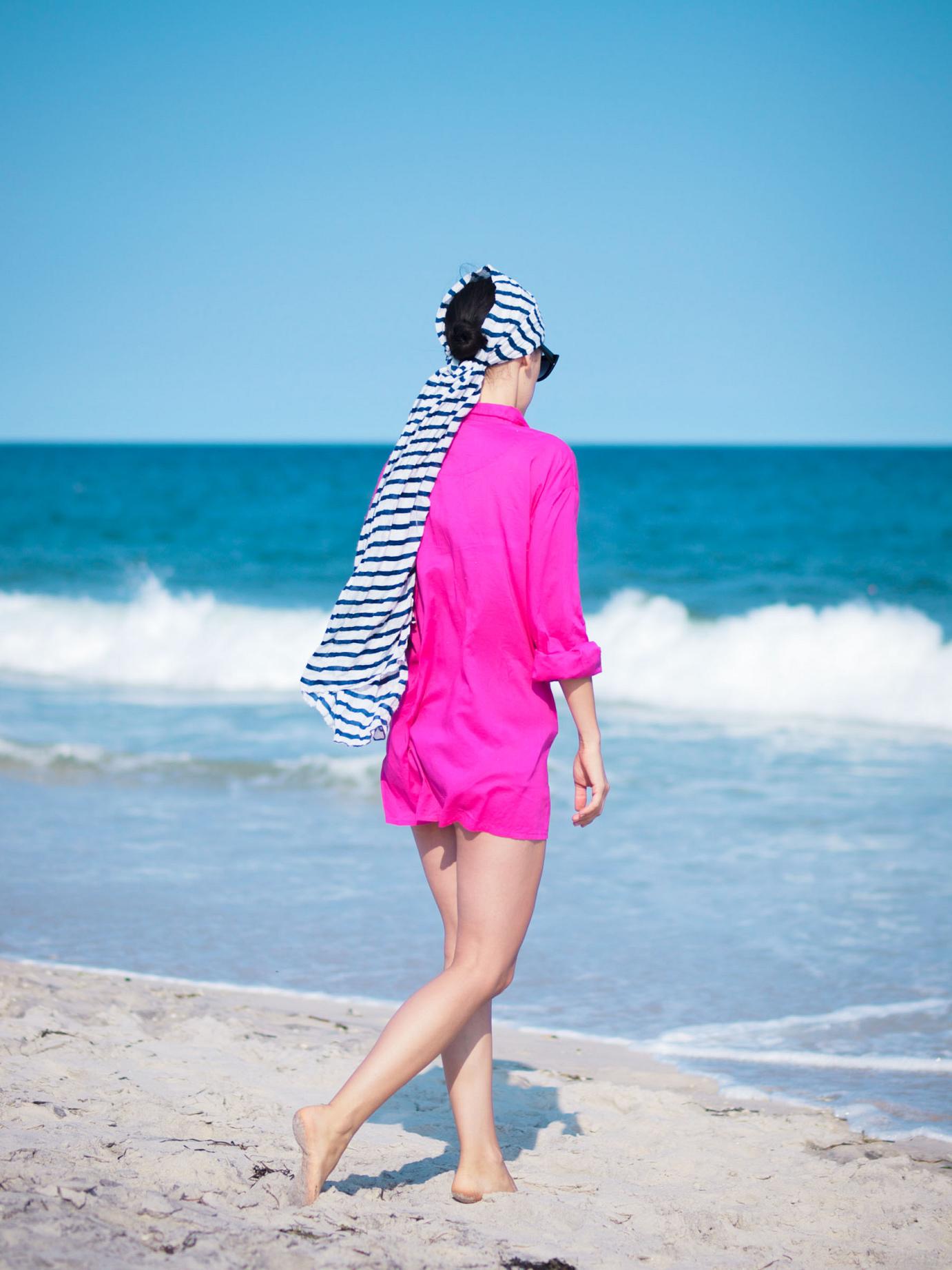 bittersweet colours, pink shirt, beach outfit, stripes , swimsuit, LBI, summer, beach, 
