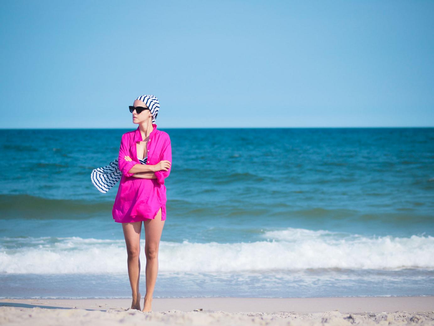 bittersweet colours, pink shirt, beach outfit, stripes , swimsuit, LBI, summer, beach, 