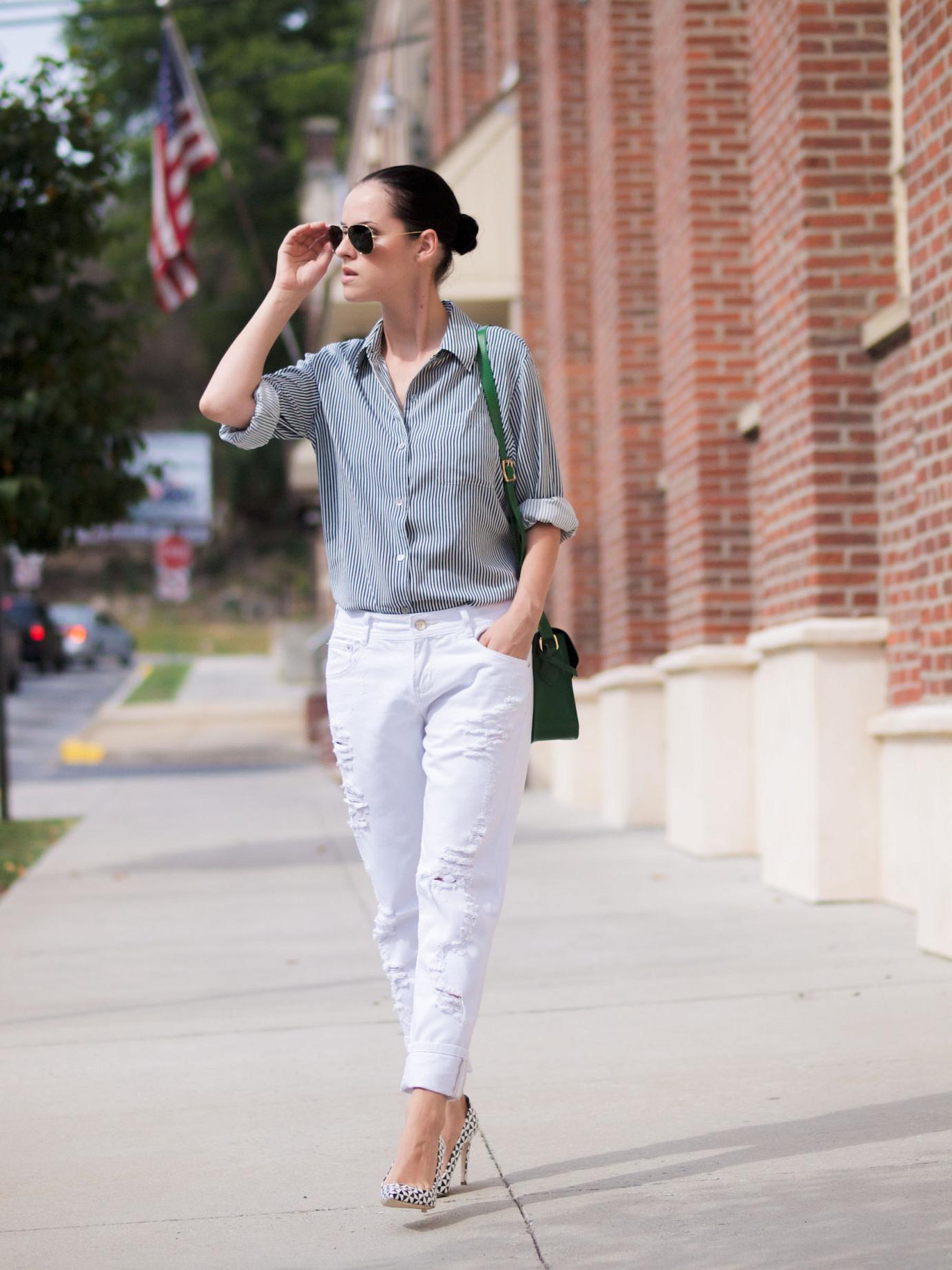 BITTERSWEET COLOURS, angela Roi bag, green bag, boyfriend jeans, white jeans, j.crew shoes, stripes, street style. ray ban, lord and taylor, 