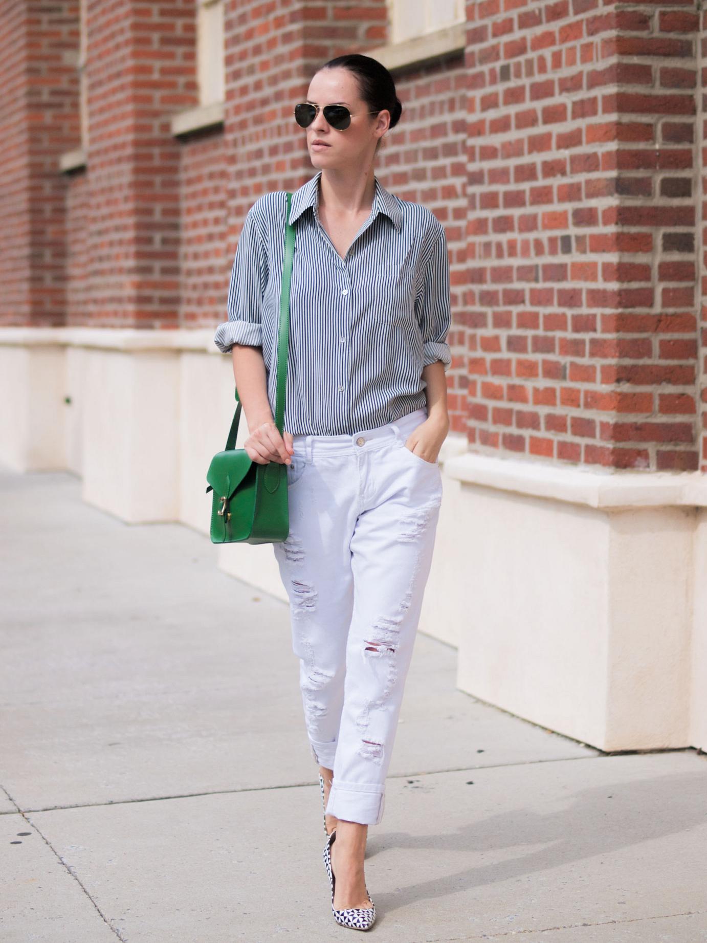 BITTERSWEET COLOURS, angela Roi bag, green bag, boyfriend jeans, white jeans, j.crew shoes, stripes, street style. ray ban, lord and taylor, 