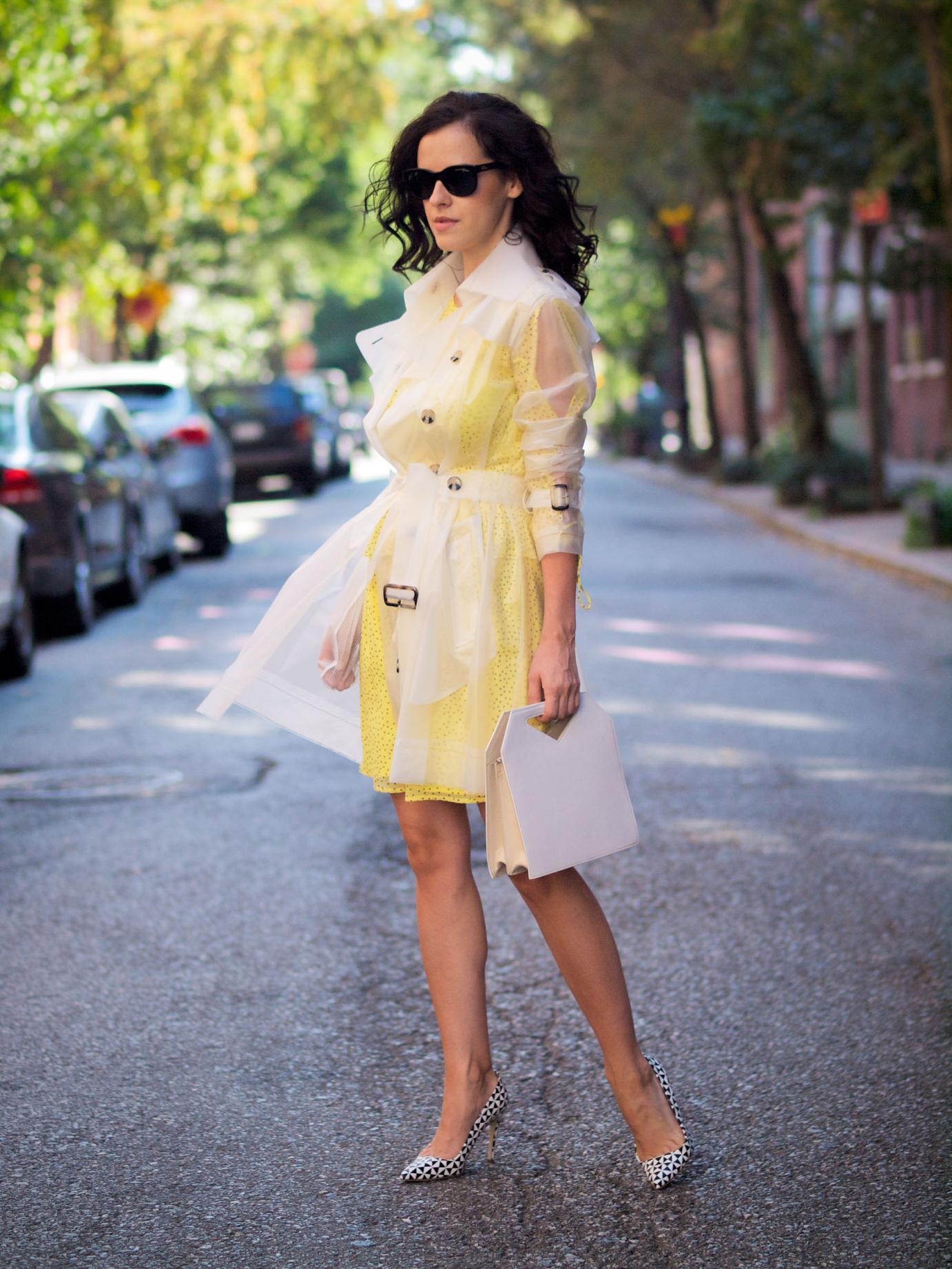 bittersweet colours, terra new york trench coat, transparent trench, terra new york, New York, street style, J Crew, printed shoes, zara dress, yellow dress, imago-a bag, fall trends