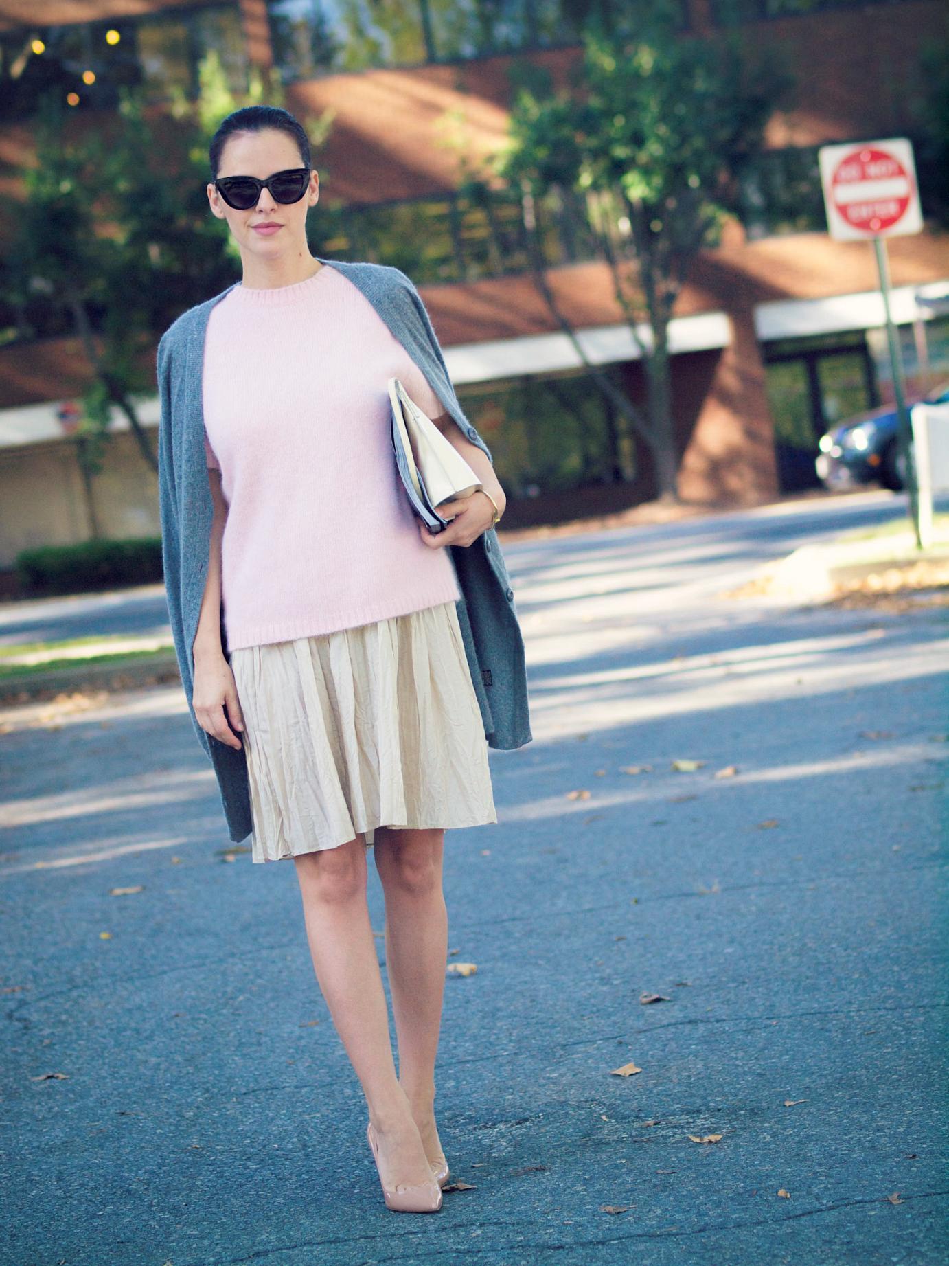 bittersweet colours, street style, fall trends, fuzzy sweater, silk skirt, christian louboutin shoes,  furla bag, bcbg max azria, cardigan, pink sweater, asos sunglasses, fall mix, pastel colors, pleated skirt, 